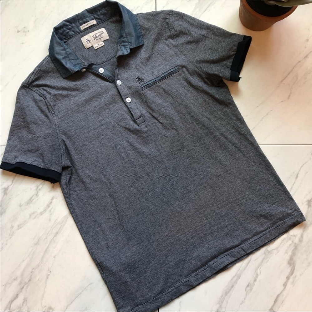 ORIGINAL PENGUIN-Navy Striped Slim Fit Polo Shirt Size Medium